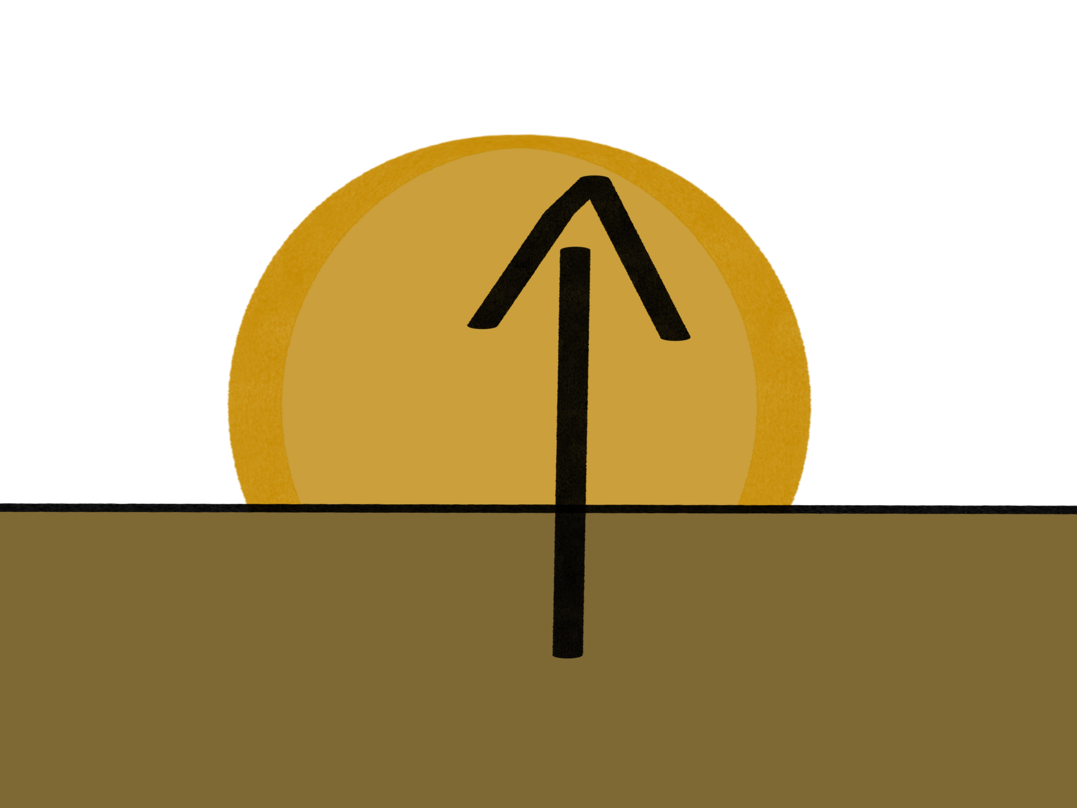 A drawing of a brown landscape with a sun partially sticking out from the horizon. In front of the sun is a black arrow pointing upwards